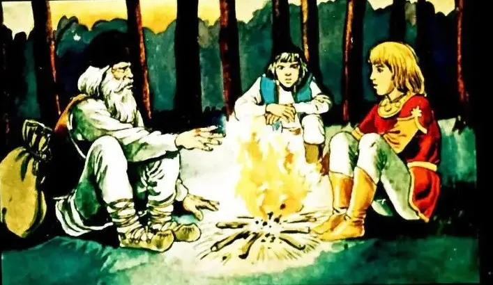 Ilustrație cu un grup de personaje în jurul unui foc, ascultând un bărbat în vârstă care dă sfaturi despre o peșteră periculoasă.