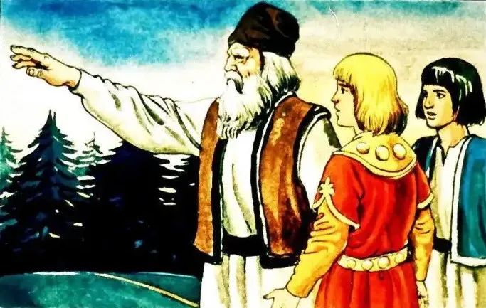 Imagine ilustrativă a unei povești, cu personaje ce interacționează într-un peisaj natural.