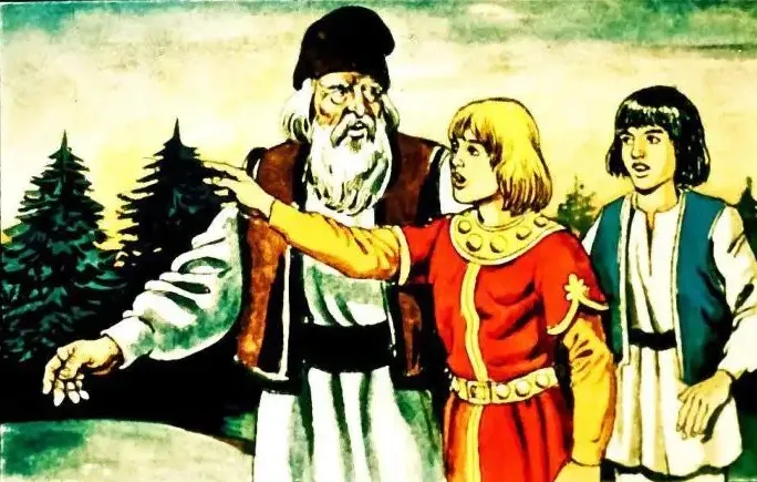 Un dialog între trei personaje într-o scenă de poveste, cu text scris pe un fundal ilustrat.