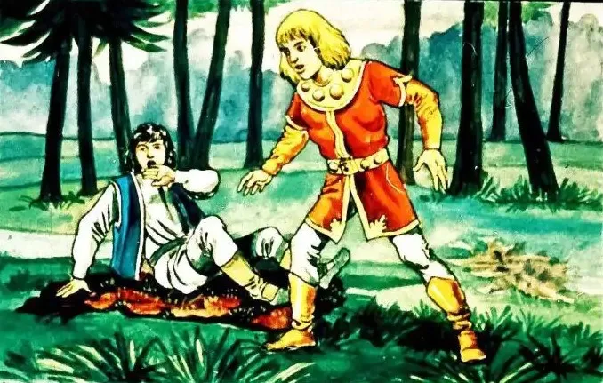 Ilustrație cu băieți într-o pădure, unul stând pe jos, iar altul în picioare, însoțită de un text descriptiv.