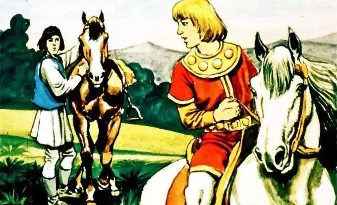 Ilustrație cu un dialog între doi personaje, unul pe cal și celălalt lângă cal, pe un fundal natural.