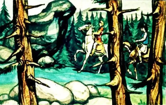 Ilustrație reprezentând doi călăreți care trec printr-o pădure, cu un text descriptiv la baza imaginii.