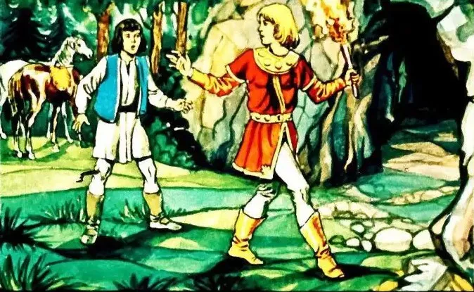 Ilustrație cu doi personaje într-un peisaj, unul purtând o torță și altul cu un baston, într-o peșteră.