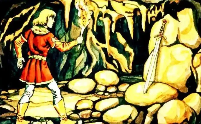 Ilustrație a unui personaj în peșteră, iluminat de o flacără albastră, descoperind o sabie strălucitoare pe un fundal de pietre.