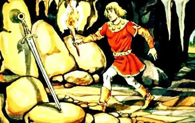 Ilustrație cu un personaj care poartă o armă, având un dialog despre o sabie.