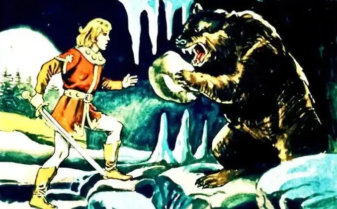 Ilustrație cu un erou medieval și un urs înfuriat, descriind o scenă tensionată.