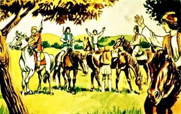 Desen colorat cu oameni și cai într-o peisaj de toamnă, având text explicativ la baza imaginii.