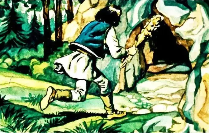 Ilustrație cu un personaj care se îndreaptă spre o peșteră, cu un baston în mână, exprimând decizia și urgența.