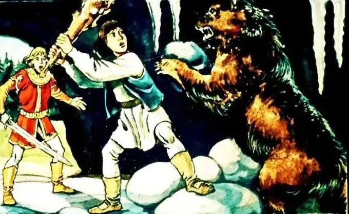 Ilustrație cu personaje de poveste, un tânăr cu o bâtă pe cale să înfrunte un urs, pe un fundal de iarnă.