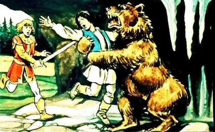 Ilustrație cu un urs care atacă, însoțită de text descriptiv despre o scenă de poveste.