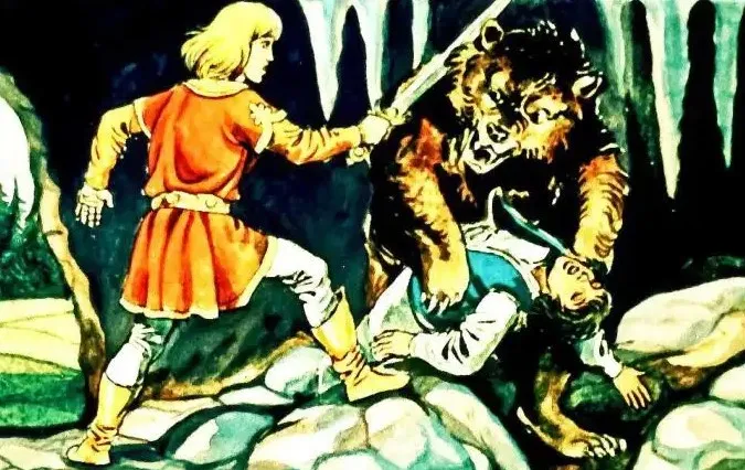 Ilustrație cu un personaj care înfruntă un urs, cu un alt personaj rănit în fundal, text explicativ sub imagine.