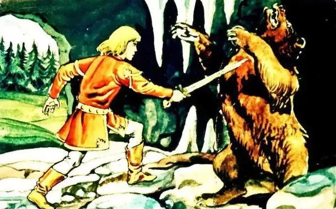 Ilustrație care arată o luptă între un tânăr cu o sabie și un urs, cu un fundal natural.