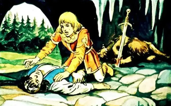 O scenă dramatică în care un personaj își exprimă durerea și regretul față de un prieten căzut, cu un fundal natural și o sabie vizibilă.