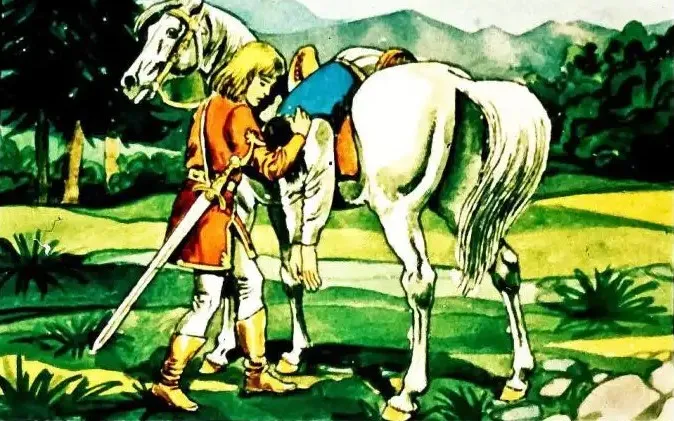 Ilustrație cu un personaj care poartă un trup și un cal într-un peisaj natural.