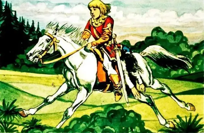 Ilustrație a unui cavaler care călărește un cal alb printr-un peisaj de amurg, având o sabie la șold.