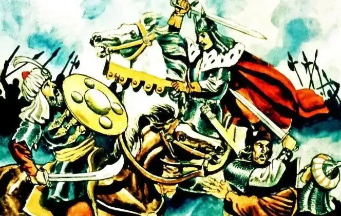 Ilustrație istorică cu bătălii medievale, evidențiind figura lui Ştefan cel Mare în luptă.