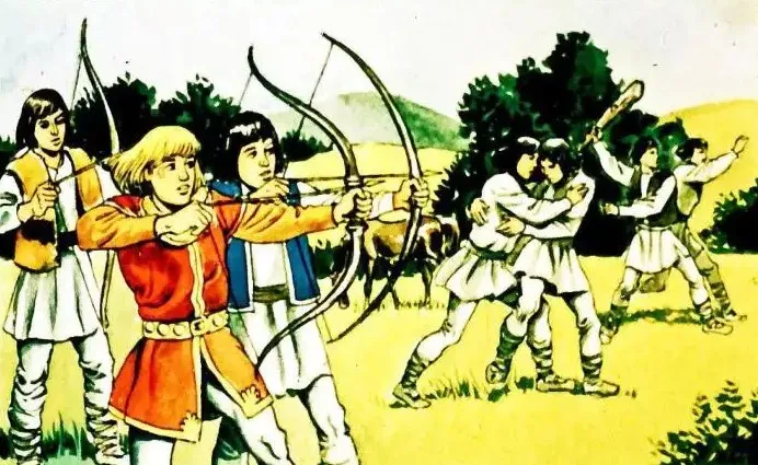 Ilustrație cu tineri luptându-se și trăgând cu arcul într-un peisaj natural.