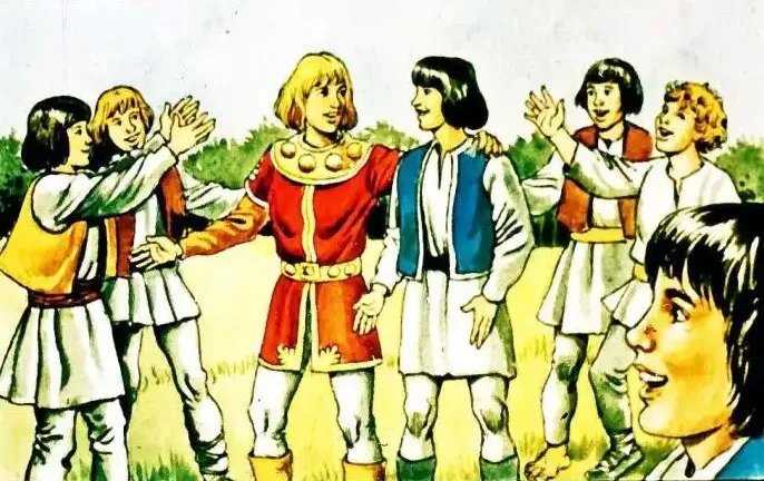 Ilustrație cu tineri jucându-se, reprezentând un moment dintr-o poveste, cu text explicativ la baza imaginii.