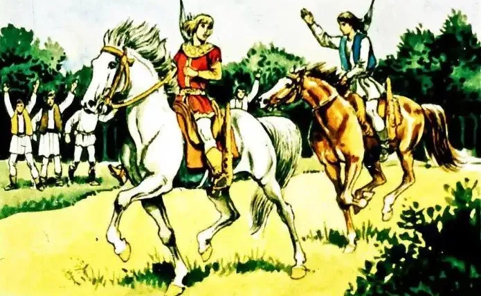 Imagine reprezentând doi călăreți care pleacă spre pădure, cu oameni în fundal care participa la o joacă.