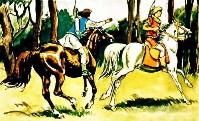 Ilustrație cu doi cavaleri pe cai, discutând despre viitorul domnitor al Moldovei.