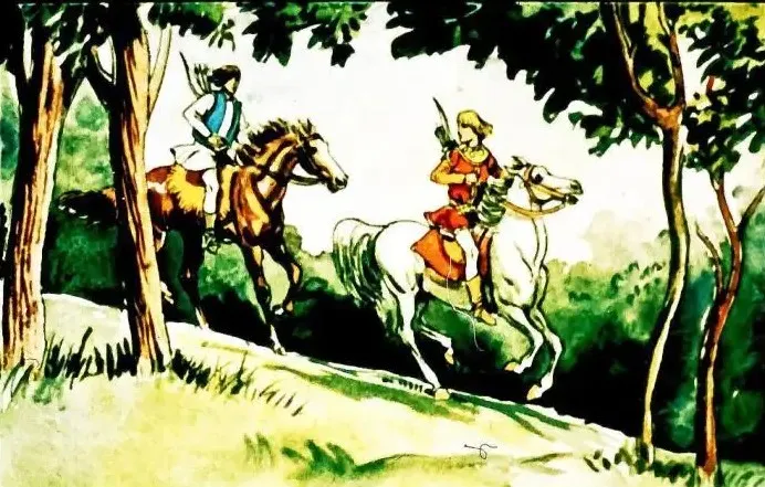 Ilustrație cu doi călăreți pe un drum împădurit, unul dintre ei spunând o vorbă despre prietenie.