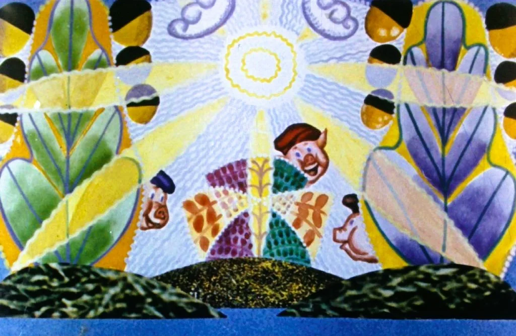 O imagine colorată care prezintă o scenă abstractă cu soarele în centru și diverse forme vegetale multicolore.