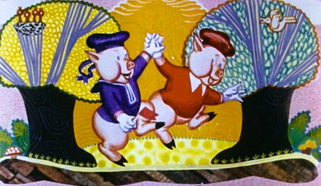 Ilustrație colorată cu doi purcei îmbrăcați jucându-se sub doi copaci, înconjurați de un peisaj vesel.