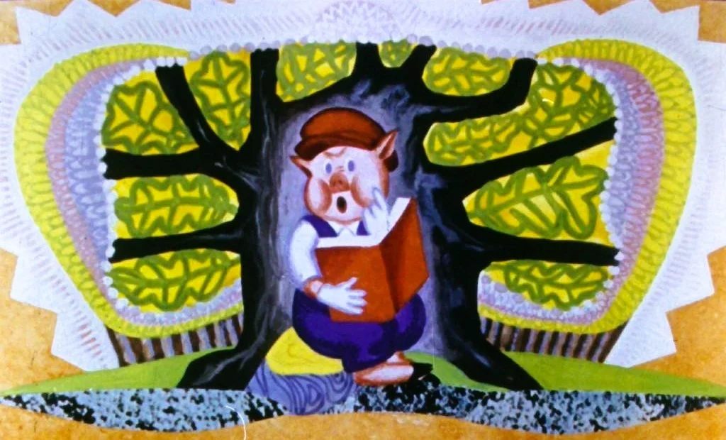 Ilustrație colorată cu un personaj citind sub un copac, înconjurat de frunze verzi.