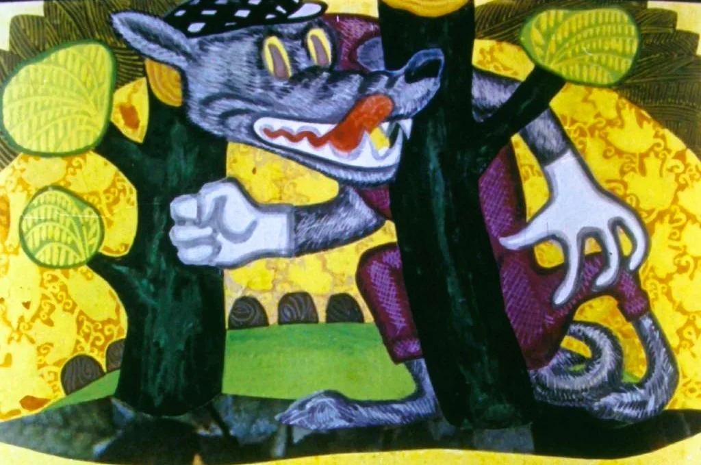 Ilustrație colorată cu un lup ascuns între copaci, având un aspect fioros și o expresie jucăușă.