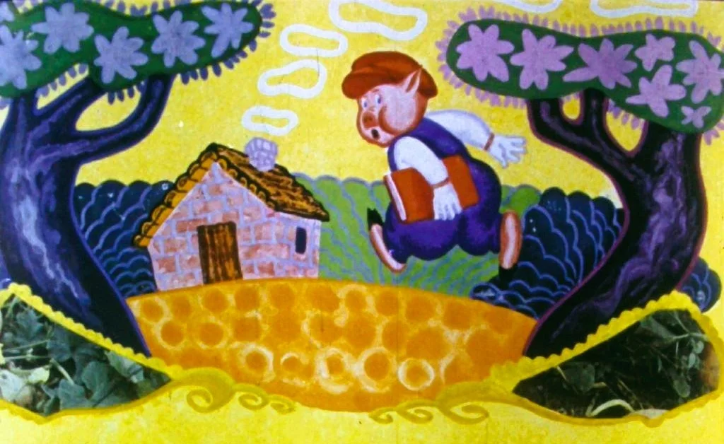 O ilustrație colorată cu un omuleț care poartă o pălărie și un veston roșu, plimbându-se în fața unei case pe un fundal galben, alături de două copaci cu flori.