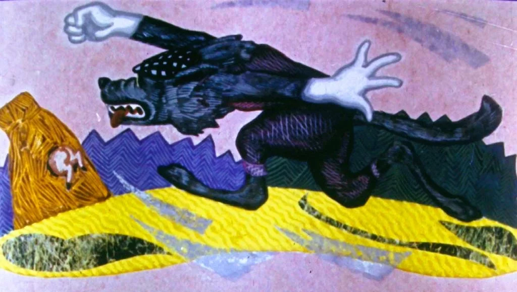 O ilustrație a unui lup care alergă, cu un fundal colorat și abstract.