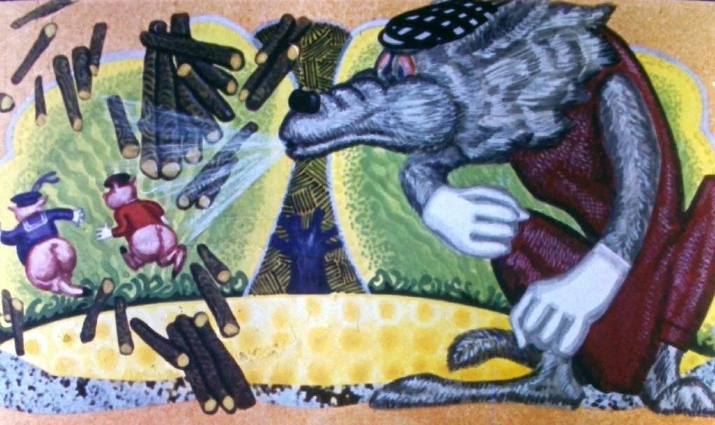 Ilustrație cu un lup și două personaje care fug, înconjurați de forme geometrice și elemente grafice.