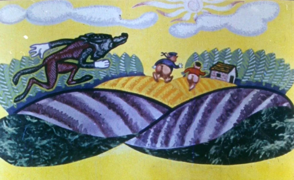 A colorful illustration depicting a wolf chasing two characters in a rural landscape with rolling hills, a house, and a bright sun.