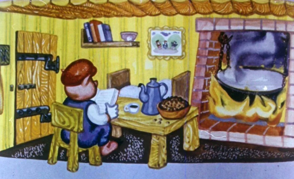 Ilustrație animată cu un băiat care stă la o masă, citind o carte, într-o cameră cu pereti galbeni, o fereastră și un șemineu cu un cazan pe foc.