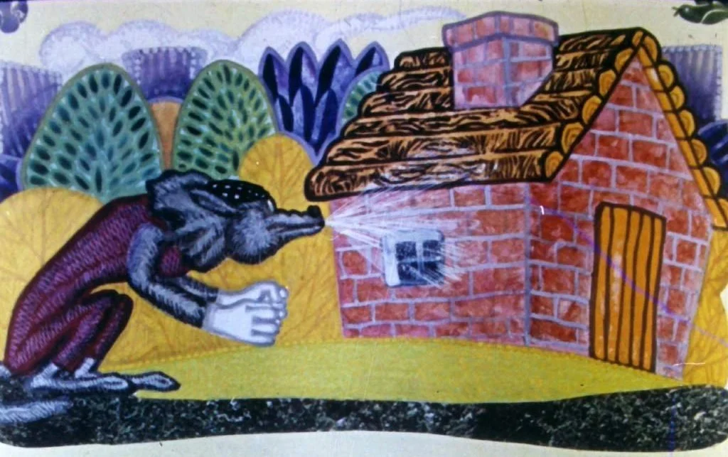 Desen colorat ce ilustrează un lup care se îndreaptă spre o casă din cărămidă.