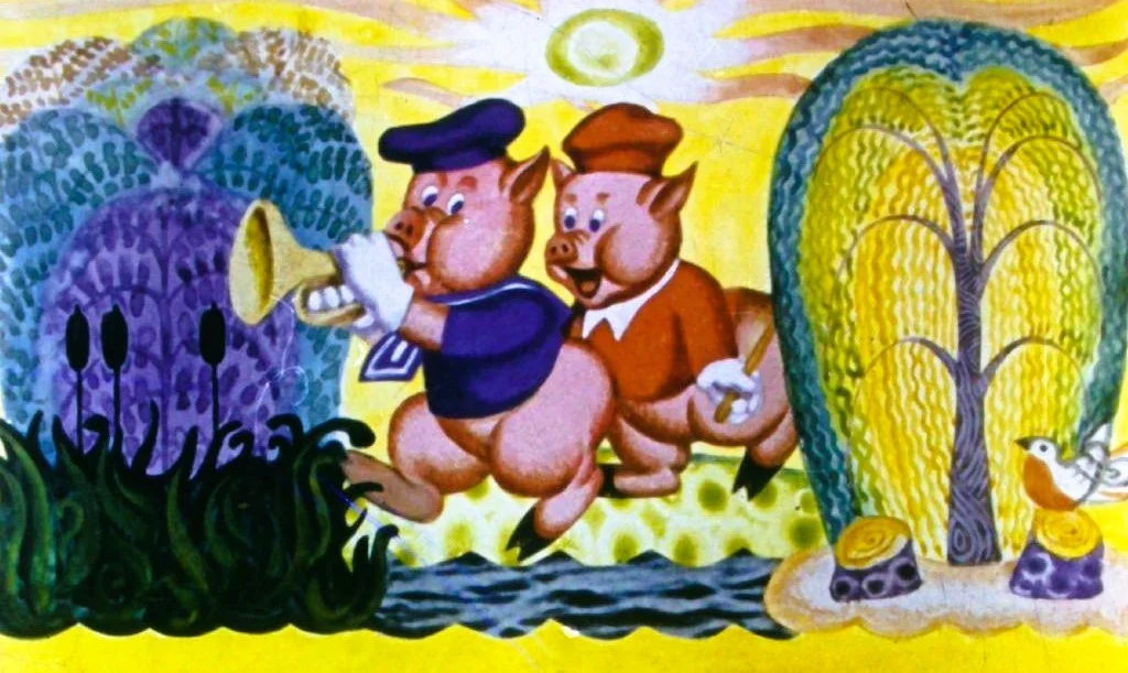 Ilustrație colorată cu doi porci purtând uniforme, unul cu un instrument muzical, alergând pe un peisaj vibrant cu soare și vegetație.