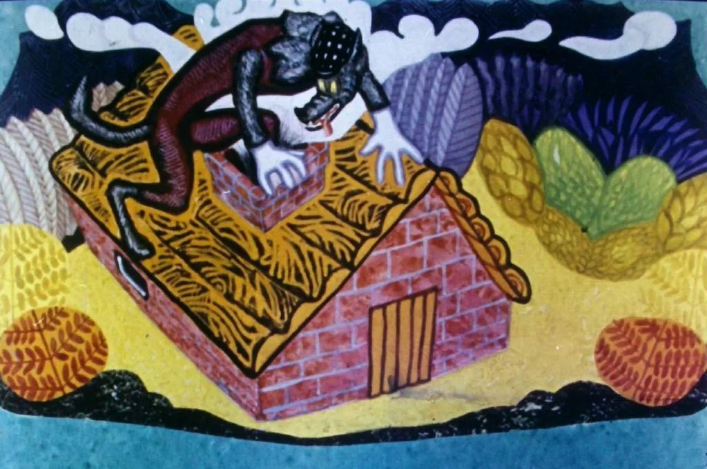 O ilustrație colorată cu un personaj care arată ca o fiară, stând pe acoperișul unei case de cărămidă, cu un fundal plin de plante colorate și nori.