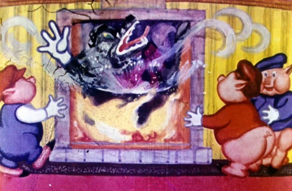 Imagine animată cu trei porci care interacționează cu un lup care iese dintr-un șemineu.