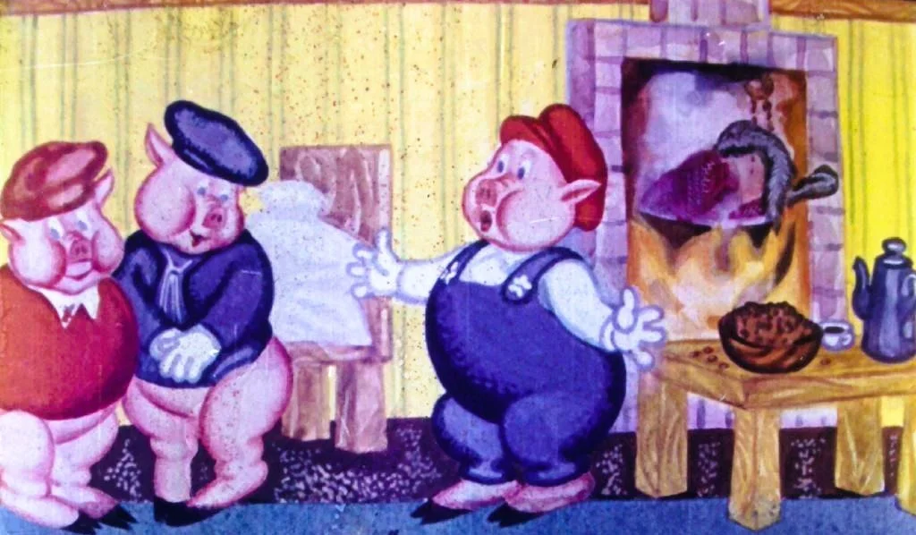 Ilustrație animată cu trei porci vorbind, într-o cameră cu un șemineu și un blat de masă.