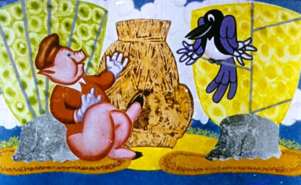 Ilustrare animată cu un porc și o pasăre pe fundal colorat.