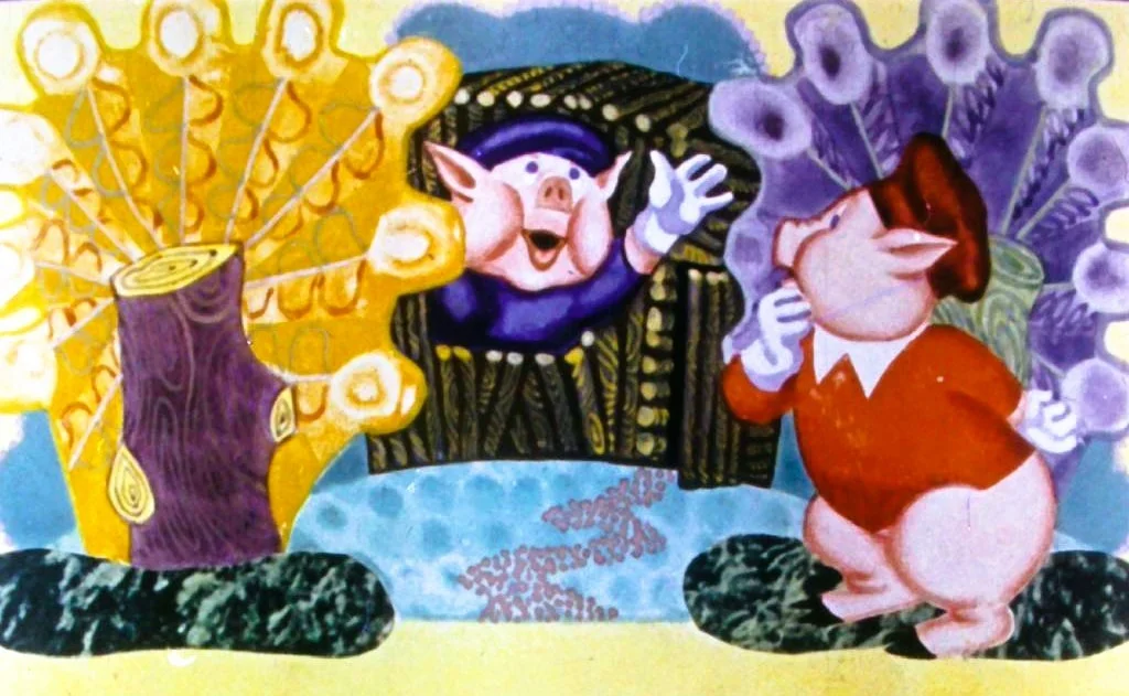 Ilustrație colorată cu doi porci animati, unul în fața unei structuri și celălalt în poziție contemplativă, înconjurați de peisaje colorate.