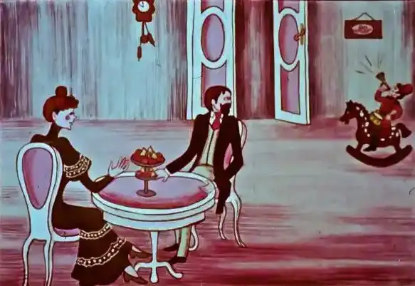 Două personaje stilizate discută într-o cameră cu mobilă simplă, unul cu un bol de fructe pe masă.