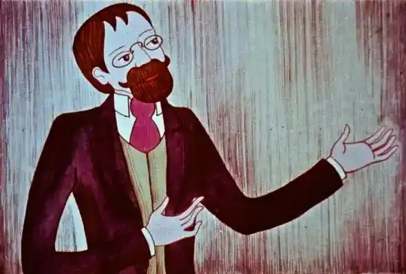 Imagine artistică cu un bărbat care vorbește, având un discurs umoristic despre cavalere și instrumente muzicale.