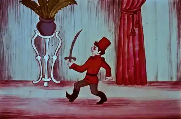 Ilustrație animată cu un maior care scoate o tobă și o trambită, în timp ce mărșăluiește cu sabia scoasă.