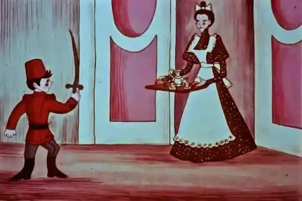 Ilustrație dintr-o poveste cu un soldat și o jupânese, soldatul ținând o sabie, iar jupânesa aducând o tavă cu dulceață și cafea.