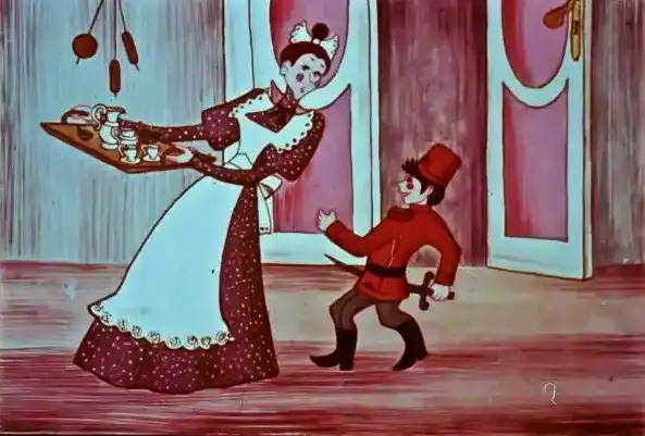 Ilustrație cu o femeie îmbrăcată într-o rochie cu dungi care duce un tăvăl într-o mână, pe când un bărbat cu pălărie roșie se află în fața ei, într-o scenă animată.