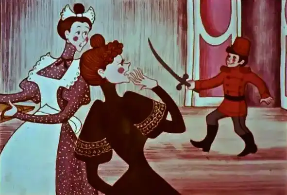 Ilustrație animată cu personaje care interacționează pe un fundal de scenă, având texte care descriu acțiuni dramatice.