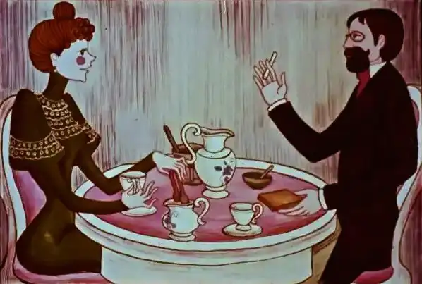 Ilustrație cu doi oameni la o masă, unul discutând și celălalt ascultând, cu un text referitor la cafea și fumul de tutun.