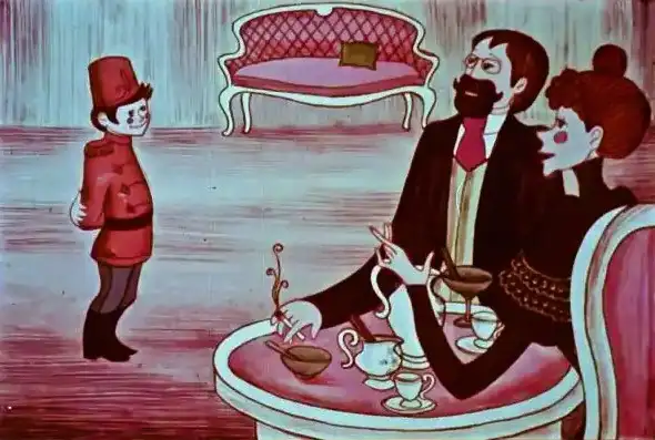 O scenă dintr-o ilustrație animată, cu personaje discutând în jurul unei mese cu ceai.