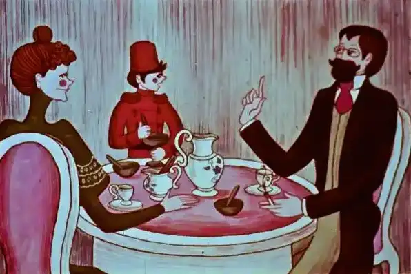 Ilustrație cu un dialog între personaje la o masă, în care unul dintre personaje se plânge.